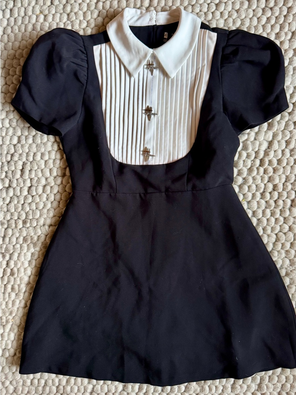 Black and White Pleated Bib Mini Dress with Peter Pan Collar